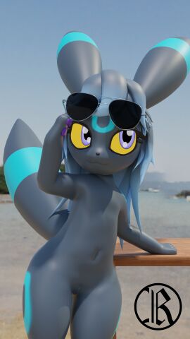 3d 9:16 animal_genitalia anthro beach black_body blender_(artwork) blender_cycles collarbone digital_media_(artwork) eeveelution eyebrows eyewear female female/female feral fur generation_2_pokemon genitals glasses hi_res looking_back nintendo pokemon pokemon_(species) pussy sawert shiny_pokemon solo umbreon widescreen