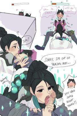 1futa 1girls 2girls blatant_lies blowjob bluedino262566 blush blush_lines clove_(valorant) fellatio female futa/female futa_on_female futanari game healing healing_magic healing_symbol healing_through_sex health_bar health_points hidden hidden_blowjob hidden_sex hiding intersex lie penis pleasure pleasure_face pleasured pleasured_face pleasured_female sage_(valorant) stealth_fellatio stealth_sex sucking sucking_penis text text_bubble valorant video_games yuri