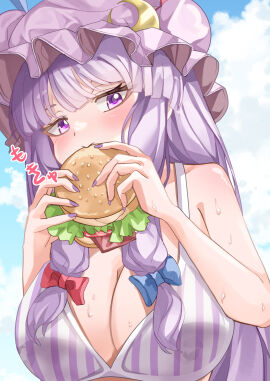 absurdres bare_arms bikini blue_bow blunt_bangs blush bow braid breasts burger cleavage cloud cloudy_sky commentary commission day eating eating_burger eating_food eyelashes female food hairbow hands_up hat highres holding holding_burger holding_food holding_object large_breasts long_hair looking_at_viewer mahoro_(minase_mahoro) mature_female mob_cap nail_polish outdoors patchouli_knowledge purple_bikini purple_eyes purple_hair purple_hat purple_nails red_bow sidelocks skeb_commission sky solo striped_bikini striped_clothes sweat swimsuit touhou tsurime twin_braids upper_body vertical-striped_bikini vertical-striped_clothes
