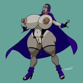 1girls big_breasts bimbo bimbofication breasts breasts_bigger_than_head dc dc_comics doomington earrings female fishnets huge_breasts lipstick nipple_piercing nipples piercing plump_lips pussy raven_(dc) solo teen_titans wet_pussy