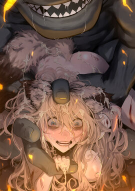 absurdres ape arm_grab arm_held_back blonde_hair blue_hair blush breasts completely_nude crying crying_with_eyes_open cum defeat female freckles haplorhine injury long_hair medium_breasts monster nipples nude open_mouth primate pussy red_eyes restrained ryona sex sex_from_behind shitappa0120 size_difference straight tears torn_clothes vaginal_penetration zoophilia