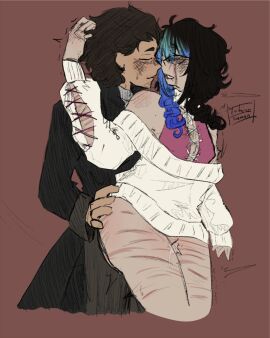 aarushiiroosh after_kiss after_orgasm after_sex atsuko_kubo_(aarushiiroosh) behind_another black_hair blue_hair blush brown_hair clothed clothed_female clothed_sex clothing clothing_lift comic cum cum_drip cum_on_body fan_character fanart female grey_eyes maverick_(sbg) scar scars school_bus_graveyard sketch spit_trail webtoon yukinosaaan