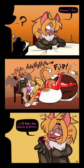 2020 absurd_res anthro balls bat big_breasts blonde_hair bodily_fluids breasts chair clothing cum cum_inside cumshot dialogue digital_media_(artwork) duo ejaculation english_text felid fellatio female footwear furniture futa/female futanari genital_fluids genitals gloves hair handwear hi_res high_heels inflation intersex intersex/female latex latex_clothing latex_gloves latex_handwear lettuce_(artist) looking_up mammal on_chair oral pantherine penile penis sex sitting sitting_on_chair smile tail text tiger under_the_table