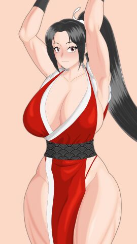 black_hair breasts brown_eyes fatal_fury female huge_breasts kunoichi_dress lifting_arms looking_at_viewer mai_shiranui ponytail ryle_k smiling_at_viewer snk