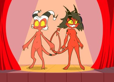 1boy 1girls balls birbpan blush both_sexes_in_same_situation breasts canon_couple clitty curtains demon demon_boy demon_girl duo embarrassed_nude_female embarrassed_nude_male enf enm female flaccid genitals green_fn helluva_boss horns humanoid humiliation husband_and_wife imp male male_and_female_focus married_couple micropenis millie_(helluva_boss) moxxie_(helluva_boss) nipples nude nude_female penis public public_nudity pussy red_body small_breasts small_penis stage tail testicles uncensored