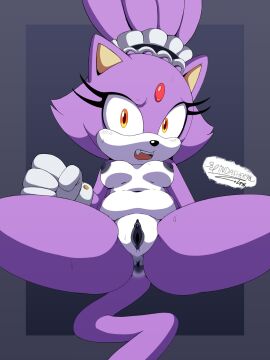 anthro anus areola blaze_the_cat blush blush_lines bodily_fluids breasts clothing domestic_cat eyelashes felid feline felis female forehead_gem fur gem genitals gloves goldsden grey_background grey_clothing grey_gloves grey_handwear handwear hi_res looking_at_viewer lying maid maid_headdress mammal navel nipples nude on_back open_mouth orange_eyes purple_anus purple_areola purple_background purple_body purple_fur purple_nipples purple_pussy pussy sega simple_background small_breasts solo sonic_(series) sonic_speed_simulator sonic_the_hedgehog_(series) spindasher98 spread_legs spreading sweat sweatdrop thick_thighs third-party_edit white_body white_fur wide_hips