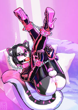 2025 2d alexa_neon anthro anthro_only anus artist_logo ball_gag balls bondage boots bound chains chastity_cage chastity_device clothing collar color cuff_(restraint) ear_piercing footwear full_color gagged hi_res high_heel_boots high_heels latex latex_boots legs_up male on_back original restraints solo tails thigh_boots wrist_cuffs