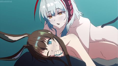 2girls age_difference amiya_(arknights) animated antennae aqua_background arknights artist_name ass blue_eyes brown_hair closed_mouth completely_nude couple demon_girl demon_horns demon_tail evalithfog hi_res highres horns hug huge_filesize implied_futanari implied_sex jewelry lesbian looping_animation mp4 multiple_girls multiple_rings nude oerba_yun_fang older_female one_eye_closed open_mouth rabbit_ears rabbit_girl red_horns ring sex sex_from_behind sweat tagme tail twitter_username video w_(arknights) white_hair wide-eyed wis'adel_(arknights) yellow_eyes yuri
