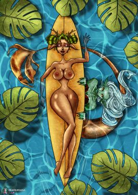 2girls antlers big big_breasts big_lips blissful breasts breasts_out closed_eyes creature curvy curvy_body curvy_female curvy_figure dark-skinned_female dark_nipples dark_skin desdamoana digital_drawing_(artwork) digital_media_(artwork) dominant dominant_female dominant_feral domination dungeons_and_dragons duo duo_female duo_focus evil_grin evil_smile eyelashes eyeshadow fantasy faun feet female green_body green_skin hair hi_res huge_breasts long_hair magical_girl merfolk mermaid mermaid_tail naked naked_female nipples nude nude_female original original_artwork original_character partially_submerged pray predator/prey smile tail thick_thighs unaware water white_hair wide_hips yellow_eyes