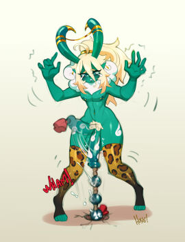 anal_beads_in_urethra anthro balls blonde_hair bodily_fluids genitals green_body green_eyes hair hi_res horn leg_warmers_only male mammal nedoiko nipple_piercing nipples penetration penis piercing sex_toy sex_toy_in_urethra sex_toy_insertion simple_background solo tears urethral urethral_beads urethral_penetration