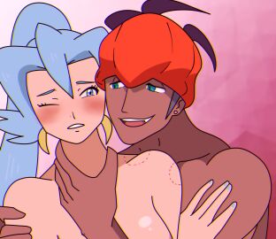1boy 1girls bite_mark blue_eyes blue_hair blue_nails blush breasts clair_(pokemon) collarbone dark-skinned_male dark_skin female gym_leader hand_on_another's_neck looking_at_another looking_at_partner male nail_polish nintendo nude nude_female nude_male one_eye_closed pokemon pokemon_hgss pokemon_ss ponytail raihan_(pokemon) straight universalkun upper_body