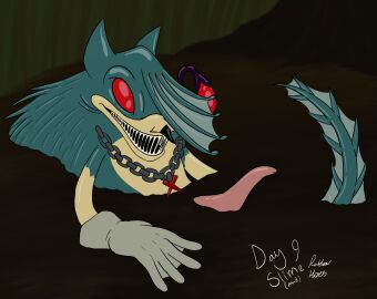 animal_genitalia animal_penis anthro chain_necklace eulipotyphlan eyestalks fish genitals hedgehog hi_res jewelry male mammal marine mud muddy necklace needle-like_teeth partially_submerged penis red_eyes rubberh0es_(artist) solo sonic.exe_(series) sonic_(series) sonic_the_hedgehog_(series) webbed_gloves zetsubo_(sonic.exe)