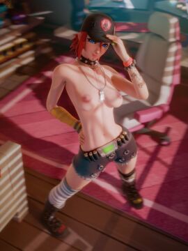 1girls 2024 3d 3d_(artwork) areolae bed bedroom blender blue_eyes blurry blurry_background bottomwear breasts cap choker clothing detailed_background dusty_(fortnite) epic_games female female_focus female_only fortnite fortnite:_battle_royale half-dressed half_naked headwear highres jean_shorts legwear light-skinned_female light_skin looking_at_viewer medium_breasts necklace nipples pose posing presenting presenting_breasts red_hair room shorts solo solo_focus standing sunlight sunshine topless watermark wicc26