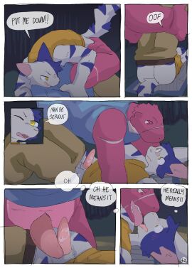 absurd_res anthro ass balls blush bodily_fluids clothed clothing comic digital_media_(artwork) domestic_cat duo english_text erection felid feline felis fur genital_fluids genitals hi_res kissing lizard lynn_(martindosent) male male/male mammal martindosent paws penis reptile scalie striped_body stripes tail tapering_penis text the_wizard_(martindosent) tongue tongue_out