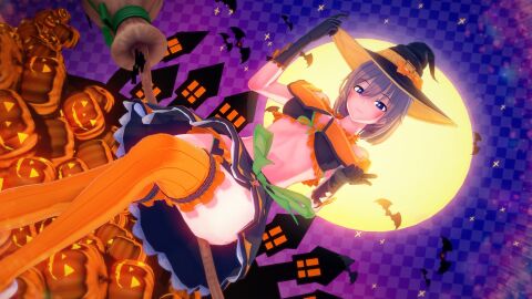 3d bikini doki_doki_literature_club female halloween halloween_costume human human_only jack-o'-lantern light-skinned_female light_skin mashirosolera pumpkin sayori_(doki_doki_literature_club) skimpy skimpy_bikini skimpy_clothes witch witch_costume witch_hat