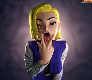 1girls android android_18 blonde-haired_female blonde_female blonde_hair blue_eyes bob_cut clothed clothed_female dragon_ball dragon_ball_z eyelashes female female_focus female_only light-skinned_female light_skin looking_at_viewer medium_hair offering offering_to_viewer open_mouth oral oral_gesture oral_insinuation oral_invitation petite presenting_mouth presenting_throat presenting_tongue red_eyes seductive_eyes seductive_look seductive_mouth slim smitty34 solo solo_female solo_focus throat tongue tongue_out