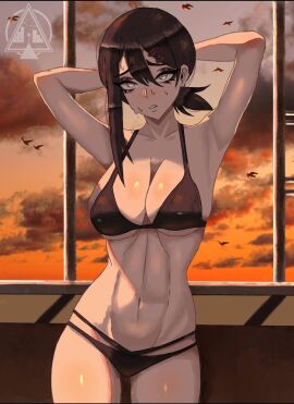 1girls abs armpits arms_up bikini breasts chainsaw_man dizzle_tan female higashiyama_kobeni muscular muscular_female solo sunset sweating swimsuit tagme window
