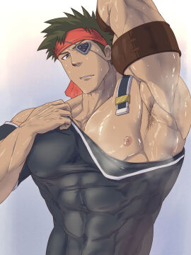 1boy abs abs_visible_through_clothing arm_up armpit_focus armpit_hair armpit_stubble armpits bara bare_pectorals covered_navel eyepatch fumio_(snnmfmw) fumio_(ふみを) headband highres irvine_(zoids) large_pectorals male male_focus male_only muscular muscular_male nipples no_visible_genitalia pectorals presenting_armpit red_headband shirt short_hair solo solo_male spiked_hair sweaty_armpits taut_clothes taut_shirt upper_body yaoi zoids