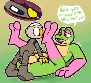 2024 2_toes 4_fingers amphibian anal anal_sex anthro anthro_penetrated backsack balls balls_size_difference ballsack big_penis bodily_fluids brown_pupils caspar_the_frog closed_eyes erection feet fingers frog genital_fluids genitals glans gloves_(marking) green_body green_skin grey_balls grey_body grey_penis humanoid humanoid_genitalia humanoid_on_anthro humanoid_penetrating humanoid_penetrating_anthro humanoid_penis internal internal_anal interspecies larger_anthro larger_male larger_penetrated leg_grab leg_markings legs_up looking_at_another machine male male/male male_penetrated male_penetrating male_penetrating_male markings motion_lines open_mouth orange_eyes penetration penis pink_body pink_glans pink_skin precum pupils robot sex size_difference smaller_humanoid smaller_male smile socks_(marking) thigh_grab thrusting toes ultilix yellow_balls yellow_body yellow_glans yellow_penis yellow_skin