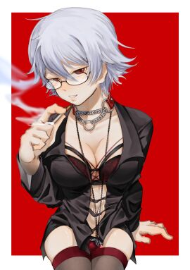 alternate_costume bra breasts canon_genderswap chain_necklace cigarette cleavage collar dress_shirt female female_only genderswap genderswap_(mtf) ginko_sakata gintama gintoki_sakata glasses light-skinned_female light_skin lingerie looking_at_viewer medium_breasts necklace nylons pale-skinned_female pale_skin red_background red_eyes rule_63 short_hair smile smoking solo strawberry thick_thighs thighhighs thighs white_hair whitecatemily zettai_ryouiki