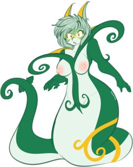 anthro anthrofied areola big_breasts big_ears blush breasts erect_nipples eyewear fan_character female generation_5_pokemon glasses green_hair hair nagafication navel nintendo nipples non-mammal_breasts open_mouth original original_character pokemon pokemon_(species) pokemorph red_eyes reptile scalie serpentine serperior simple_background snake solo tehbuttercookie white_background yumi_leaf