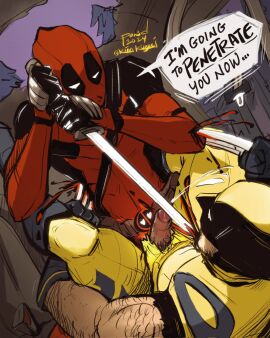 2boys bodysuit boner claws cum deadpool deadpool_&_wolverine_(2024) english_text erection gay heart-shaped_pupils holding_sword honda_odyssey imminent_sex katana logan_(x-men) male male/male male_only marvel marvel_cinematic_universe marvel_comics mask penis penis_out ponderosa stab superhero_costume utility_belt violence wade_wilson wolverine_(x-men) x-men yaoi