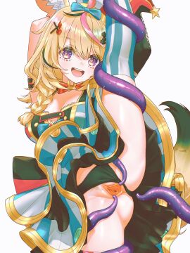 :d absurdres ahoge animal_ear_fluff animal_ears anversailles arm_strap armpits arms_up asymmetrical_legwear black_hair black_panties blonde_hair blue_bow blue_skirt blue_thighhighs bow bowtie braid breasts cleavage clitoris clothing_aside commentary commission double-parted_bangs facial_mark female female_pubic_hair fox_ears fox_girl fox_tail hair_between_eyes hair_ornament hair_over_shoulder hairbow hairclip hat heart heart-shaped_pupils highres holding_own_leg hololive hololive_gen_5 hololive_japan imminent_penetration jester_cap layered_skirt leg_lift long_hair looking_at_viewer mark_under_eye marking_below_eyes miniskirt mismatched_legwear multicolored_hair omaru_polka omaru_polka_(1st_costume) open_mouth panties panties_aside pink_hair pink_thighhighs pubic_hair purple_eyes pussy red_bow red_bowtie shirt side_braid simple_background single_braid skirt sleeveless sleeveless_shirt smile solo split spread_pussy standing standing_on_one_leg standing_split streaked_hair striped_clothes striped_skirt striped_thighhighs symbol-only_commentary symbol-shaped_pupils tail teeth tentacle thighhighs tilted_headwear traditional_bowtie uncensored underwear upper_teeth variant_set vertical-striped_clothes vertical-striped_skirt vertical-striped_thighhighs virtual_youtuber white_background x_hair_ornament