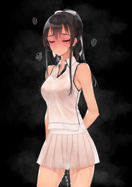 1girls bare_shoulders black_hair breasts closed_eyes collar collarbone covered_nipples female highres long_hair medium_breasts murakami_suigun nipples original pleated_skirt ponytail pussy pussy_juice see-through_clothes shirt sidelocks skirt solo sportswear t-shirt tennis_uniform
