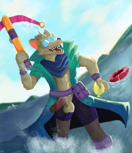 absurd_res aloha_shirt anthro bag balloon beach bottomwear casual_nudity clothed clothing crossbow eyewear fur furry furry_only genitals goggles hi_res humanoid_genitalia humanoid_penis inflatable jaiba league_of_legends male male_only mammal murid murine open_clothing open_shirt open_topwear pattern_clothing pattern_shirt pattern_topwear penis ranged_weapon rat riot_games rodent shirt shorts snorkel solo teeth tencent topwear toy toy_gun twitch_(lol) water_balloon weapon