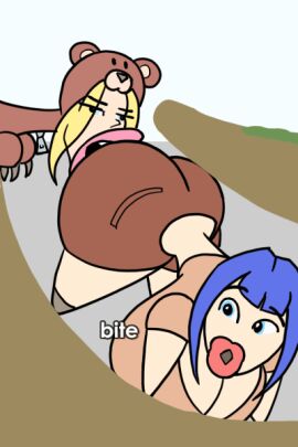 animated ass bear_costume big_ass big_breasts biting blonde_hair blue_hair breasts colored eating_ass female humor jiggling_ass robogogorobo tagme thick_lips tunnel wombat