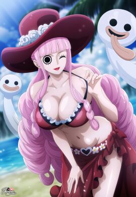 1girls absurd_res alternate_costume artist_name bangs bare_shoulders beach big_breasts bikini bikini_top blurry_background breasts cleavage clothing cloud collarbone curvy drill_hair eyelashes female female_focus female_only flower flower_on_hat frilled_bikini frilled_skirt frills fringe ghost hand_on_thigh hat headwear heart hips human jemmasoria large_breasts lips lipstick long_tongue looking_at_viewer makeup navel ocean one_eye_closed one_piece outdoors palm_tree perona pink-haired_female pink_hair pinup plant post-timeskip pulling_bikini_string red_lipstick sand shiny_skin side-tie_skirt skirt smile solo solo_female sun_hat swimsuit thighs tongue tongue_out tree very_long_hair voluptuous water watermark wide_hips wink