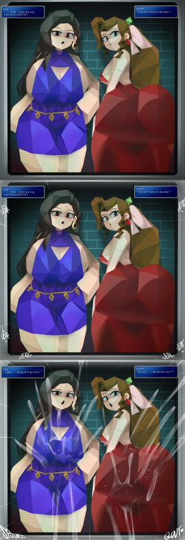 2girls aerith_gainsborough ass big_ass big_breasts black_hair blue_dress bottom_heavy breasts brown_hair bubble_ass bubble_butt busty captain_kirb captain_kirb_(sfw) cleavage cum cum_on_screen cum_tribute cumshot dialogue dress ear_piercing earrings english_text fat_ass female female_only final_fantasy final_fantasy_vii hand_on_hip huge_ass huge_breasts large_ass large_breasts looking_at_viewer looking_back low_poly low_poly_aerith low_poly_tifa massive_ass masturbation piercing png polygon polygonal ps1_artstyle red_dress text text_box thick_ass thick_thighs tifa_lockhart wide_hips