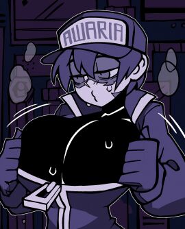 1girls awaria bodysuit breasts busty_female cleavage eyebags female half-closed_eyes huge_breasts massive_breasts neukpu short_hair solo_female solo_focus stripping sweat sweatdrop teasing tomboy ula_usterka unzipped zipper_down