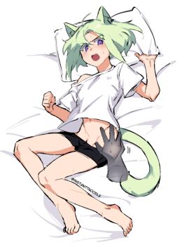 1boy androgynous anon bed cat_boy cat_ears cat_tail catboy clothing disembodied_hand embarrassed femboy grabbing_pillow instanttnoodle lio_fotia male pov promare