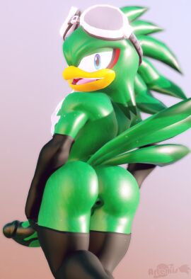1boy 3d_(artwork) accipitrid accipitriform anthro anus artemissaturn ass avian bird chest_tuft digital_media_(artwork) eyewear eyewear_on_head genitals goggles goggles_on_head hi_res jet_the_hawk looking_back male male_only muscular muscular_male nipples penis presenting presenting_hindquarters sega sleeves smile smirk solo sonic_(series) sonic_riders sonic_the_hedgehog_(series) stockings tail tattoo tuft