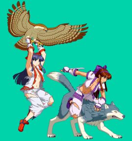 2girls ainu_clothes aoi_ship armpits arms_up big_breasts breasts brown_eyes brown_hair busty cleavage dual_persona female female_only fighting_stance fingerless_gloves gloves hair_ribbon highres large_breasts legs long_hair mamahaha multiple_females multiple_girls murasaki_nakoruru nakoruru navel no_bra open_clothes pants pixel_art purple_eyes purple_hair ribbon samurai_shodown shikuru snk tan thighs toned torn_clothes voluptuous weapon