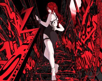 anklet barefoot dress feet fully_clothed lmaylee looking_at_viewer looking_back mitsuru_kirijo persona persona_3 persona_3_reload red_eyes red_hair soles stairs thighs toes