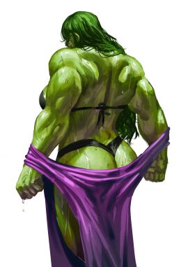 1girls 2d 2d_(artwork) ass back_view big_ass big_breasts black_bra black_panties black_thong bra breasts dress female female_only green-skinned_female green_body green_eyes green_hair green_skin hulk_(series) long_hair looking_at_viewer looking_back looking_over_shoulder marvel marvel_comics muscles muscular muscular_arms muscular_back muscular_female painting_(artwork) she-hulk sideboob simple_background solo sweat sweatdrop sweaty_body taking_clothes_off thong undressing virgoart1509 white_background