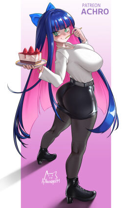 achromaru ankle_boots ass belt black_skirt blue_hair boots bow breasts cake cake_slice eating female food full_body green_eyes hairbow impossible_clothes impossible_shirt jewelry large_breasts legs long_sleeves looking_at_viewer looking_back miniskirt multicolored_hair necklace panty_&_stocking_with_garterbelt pantyhose pearl_necklace pink_hair shiny_clothes shirt skirt solo stocking_anarchy