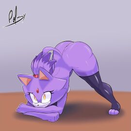 1:1 2025 3_toes absurd_res accessory anthro artist_name ass ass_up big_ass big_butt black_nose blaze_the_cat blush breasts cheek_tuft clothing domestic_cat eyelashes facial_tuft feet felid feline felis female forehead_gem fur gem hair_accessory hairband hi_res jack-o'_pose legwear mammal medium_breasts mostly_nude pose purple_body purple_fur purple_hair sega short_hair solo sonic_(series) sonic_the_hedgehog_(series) tail text thepolsy thigh_highs toes tuft yellow_eyes