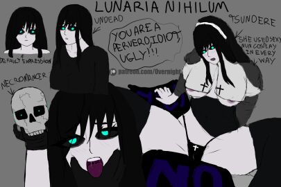 1girls aheagao artist_logo artist_name big_breasts black_eyes black_hair breasts cian_pupils clothed concept_art eyes_rolling_back female half_naked hand_on_head holding_head legs looking_at_partner looking_at_viewer looking_pleasured lunaria_nihilum monster_girl necromancer no_bra nun nun_outfit original original_artwork original_character overnight pillow_grab pillows pleasure_face pupils serious_look skull socks thick_thighs thighhighs thighs tired_eyes tongue tongue_out tsundere tsundere_face undead undead_female undead_girl white_skin yes-no_pillow