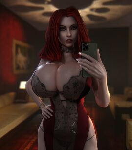 1girls 3d 3d_(artwork) alternate_breast_size alternate_costume alternate_hairstyle areolae areolae_visible_through_clothing big_breasts black_choker black_panties bracelet breasts brujah cellphone choker cleavage clothed clothed_female damsel_(vtmb) dress female female_only gigantic_breasts goth hand_on_hip hand_on_own_hip hi_res high_resolution highres holding_object holding_phone huge_breasts humanoid humanoid_only lace_choker large_breasts looking_at_phone mirror_selfie nipples nipples_visible_through_clothing panties panties_under_dress phone red_dress red_hair selfie sheer_choker sheer_clothing skin_tight solo solo_female string_panties top_heavy upper_body vaako vampire vampire_girl vampire_the_masquerade vampire_the_masquerade_bloodlines world_of_darkness