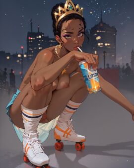 1girls brown_eyes city crown disney earrings ebony ebony_female female lemonade necklace playfulslothh princess_tiana red_lipstick roller_skates skirt skirt_lift tiana