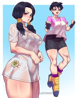 1girls artist_name big_breasts bike_shorts black-haired_female black_bikini_top black_gloves black_hair black_short_shorts black_shorts black_thong black_thong_panties blue-eyed_female blue_eyes blush blushing boots breasts dragon_ball dragon_ball_z female female_only fingerless_gloves gloves large_breasts luchidart see-through_clothing see-through_shirt short_hair teenage_female teenager thong thong_panties tomboy twintails videl yellow_boots