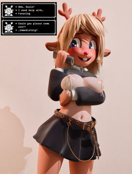 3d_(artwork) absurd_res anthro antlers belt blender_(artwork) blush bottomwear breastfeeding_request breasts buckteeth clothing collared_shirt deer deltarune digital_media_(artwork) electronics exposed_breasts female hi_res horn in_heat leaking_milk mammal milk needy noelle_holiday phone phone_call shirt skirt sneakyphox solo talking_to_another talking_to_partner teeth text_box topwear undershirt undertale_(series)