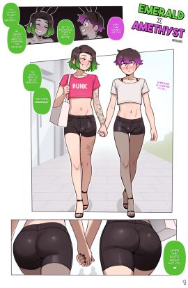 2boys amethyst_(dross) ass ass_focus bulge clothed clothed_male color comic comic_page cropped_shirt dialogue dross ear_piercing emerald_(dross) english_text feet femboy femboy_on_femboy femboy_only green_eyes green_hair holding_hands jewels_(dross) male male_only multicolored_hair multiple_boys navel non-nude open_toe_shoes original original_characters piercing purple_eyes purple_hair riley_(dross) rory_(dross) short_shorts shorts speech_bubble tagme tattoo tattoos tight_clothing