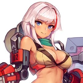 bangs bare_shoulders big_breasts blue_eyes blush breasts cleavage color crop_top female female_focus female_only game_cg green_scarf lancer_mina last_origin looking_at_viewer mechanical mechanical_arm medium_hair mina_(last_origin) multicolored_hair paintale pink_hair scarf sleeveless small_image smile smiling smiling_at_viewer streaked_hair tan tan_body tanline tanned tanned_female tanned_skin transparent_background upper_body