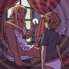 animated blonde_hair bottomless brown_hair empty_eyes female female/female female_only femdom heart hypnotized_hypnotist no_panties original panties pussy short_hair sleepymaid underwear upskirt