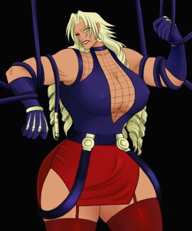 1girls 2d 2d_(artwork) areola_bulge blonde-haired_female blonde_female blonde_hair breasts cleavage clothing female female_only genderswap genderswap_(mtf) gloves human human_only king_of_fighters la_supay large_breasts lasupay3 muscles muscular muscular_female no_sex purple_gloves red_hair red_miniskirt rugal_bernstein rule_63 sleeveless snk solo solo_female video_game_character video_game_franchise waist_length_hair