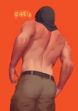 back back_view bara blush call_of_duty ehot_es full_color hairy konig konig_(call_of_duty) male_only mask masked military military_pants tanned tanned_skin yaoi